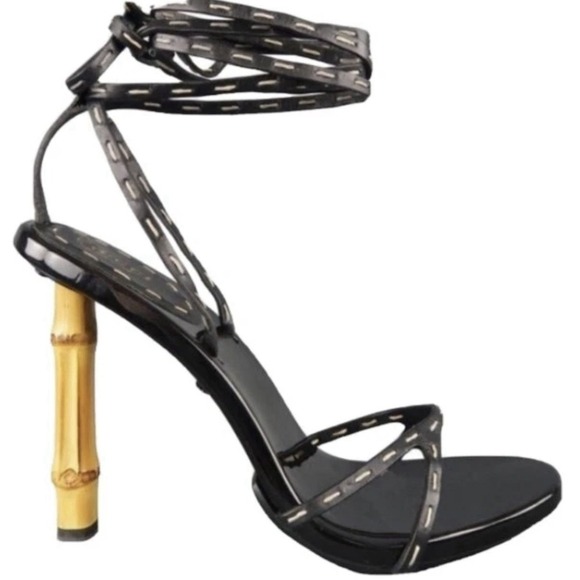 Tom Ford for Gucci Runway Bamboo Wood Black Lace Up Leather Sandals Heels 38 8 - Picture 1 of 8
